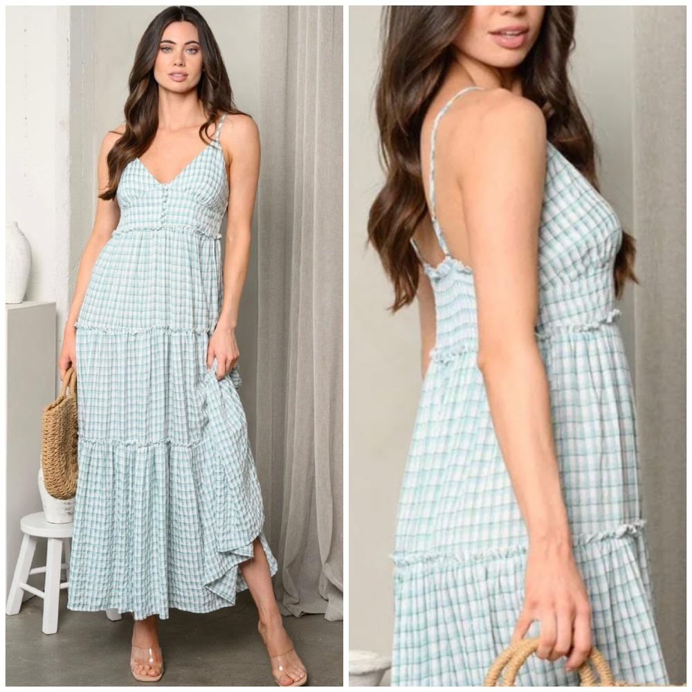 Mint Choco Light Teal Plaid Tiered Maxi Dress - Picture 2 of 7